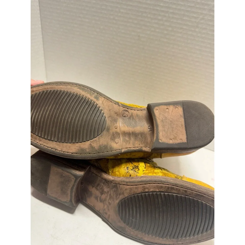 Portofino Yellow Leather Distressed Script Ankle Boots Size 39 8.5 Lace Up Zip